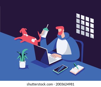 Trabajo desde el vector de concepto de ilustración de casa, hombre usando laptop 