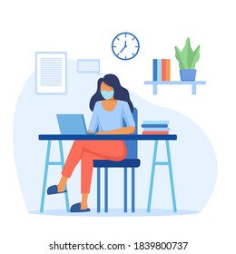 work from home illustration concept. woman working on laptop at home. stay at home to prevent corona virus