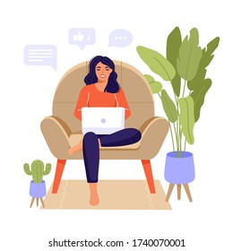 Work at home illustration design. Freelance woman sitting in chair and working on laptop. Social network and online chatting. Comfortable conditions for job. Living room interior. Vector.