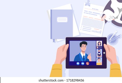 Work from home, Illustration of a man having video conference on tablet at home. Vector