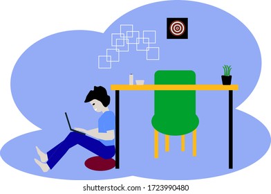 Work from home. illustration of a man working at home using a laptop and leaning to his desk to avoid the spread of covid-19