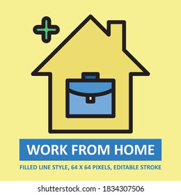 Trabajar Desde El Icono Del Vector De Ilustración Hogar Estilo De Esquema Rellenado. Stroke editable. Base 64 x 64 píxeles. Expandido. Uso perfecto para la toma de conciencia en banner, volante, presentación, etc.