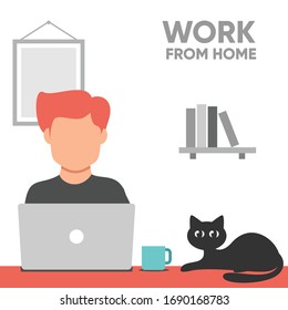 Trabajo de ilustración doméstica, ilustración vectorial de los hombres que trabajan desde casa con colores planos