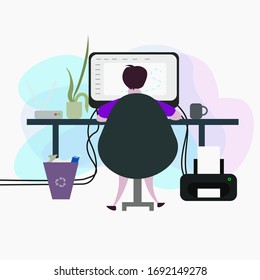 work from home illustration vector.a man works at a computer.self isolation.freelancer.office worker.work creatively.
millennial era.
all can be done from home