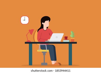 Work from Home Illustration.Teamwork distancing communication.Business woman character.Vector illustration
