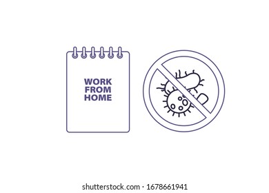 Arbeite von zu Hause aus. Bild von Laptop mit einem Virus in einem Kreislauf und Text. Vektorillustration-Illustration für Freiberufler, Quarantäne.