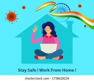 Work From Home India Due To Covid-19 Worldwide Pandemic. Stay Home Save Lives. Home Quarantine. Grow Economy, Save Nature And Fight With Corona Virus. Poster, Banner, Flyer, Social Media Post Graphic.