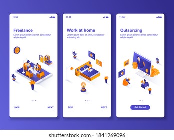Work at home isometric GUI design kit. Freelance occupation, outsourcing company templates for mobile app. Remote workforce UI UX onboarding screens. Vector illustration with tiny people characters.
