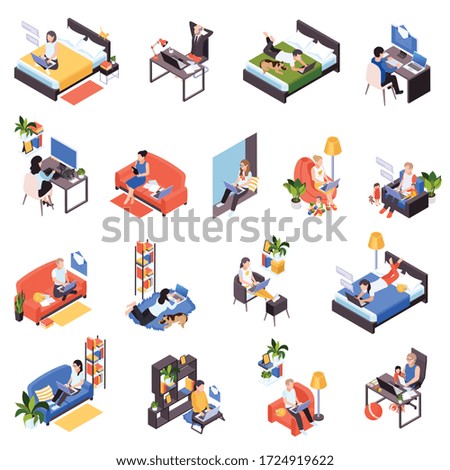 Work from home isometric icons set with distant teamwork remote time management messaging from bed vector illustration 