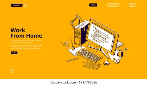 Work from home isometric landing page, programmer workspace, domestic office, freelancer table with computer monitor with coding data, coffee and stationery on desk , 3d vector line art web banner