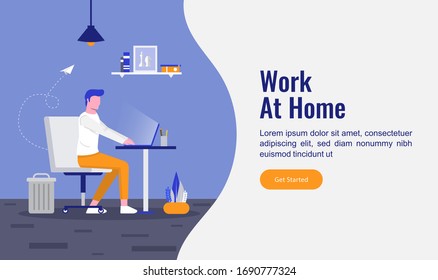 Trabajo desde el concepto de la página de inicio. Hombre sentado en la silla y trabajando con su laptop. 