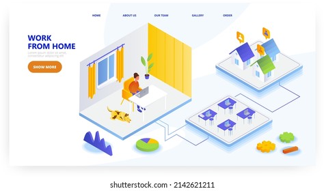 Work from home, landing page design, website banner vector template. Home office, remote work. Freelance.
