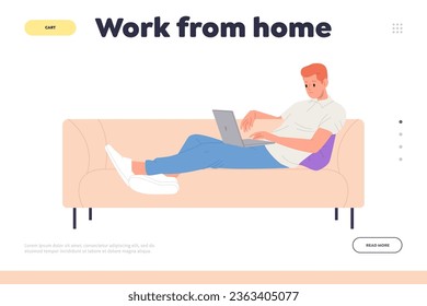 Trabajar desde la plantilla de diseño de la página de inicio con el trabajador independiente man utilizando el portátil para un trabajo remoto