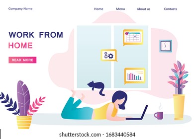 Work from home landing page template. Businesswoman at home office. Remote work, performance of tasks sent by email or social media. Female freelancer use laptop. Online job. Vector illustration