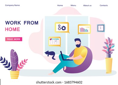 Work from home landing page template. Businessman at home office. Remote work, performance of tasks sent by email or social media. Male freelancer use laptop. Online job. Flat vector illustration