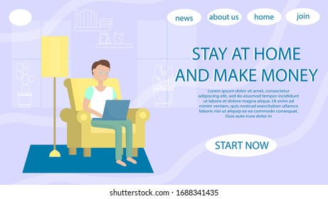 Work from home landing page template. Businessman at home office. Remote work, performance of tasks sent by email or social media. Male freelancer use laptop. Online job. Flat vector illustration