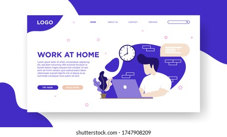 Work at home landing page template in flat style Premium Vector