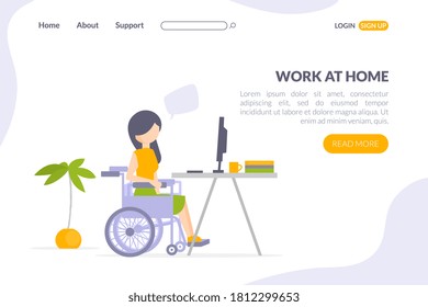 Work at Home Landing Page Template, Disabled Man Sitting in Wheelchair Working on Laptop Computer at Home Cartoon Vector Illustration