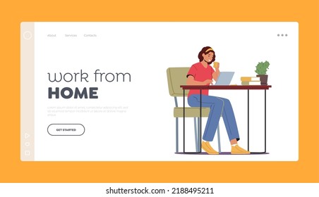 Trabajar desde la plantilla de la página de inicio del hogar. Relajada mujer independiente sentada en el escritorio con el pensamiento de las tareas de la laptop y la copa de café. Ocupación de Empleados Sin Cargo. Ilustración del vector de dibujos animados