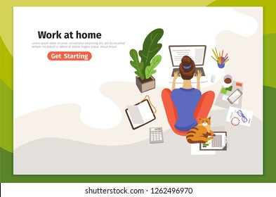 Work at home landing page vector template. Remote job webpage design layout with flat illustrations. Young woman working with laptop. Freelance website, web banner color concept