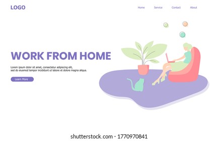 Work From Home Landing Page Website With Illustration of Women Relax Sitting On The Sofa.