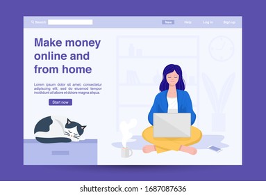 Trabajo del diseño de la página web de aterrizaje en casa, Una mujer trabajando en un ordenador portátil en su casa. Vector