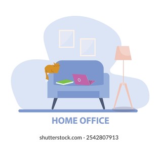 work from home with laptop cozy armchair home job or remote job, hybrid work concept vector  illustration design background
