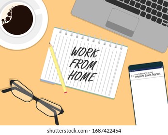 work from home with laptop and a cup of coffee with deadline reminder on the smartphone