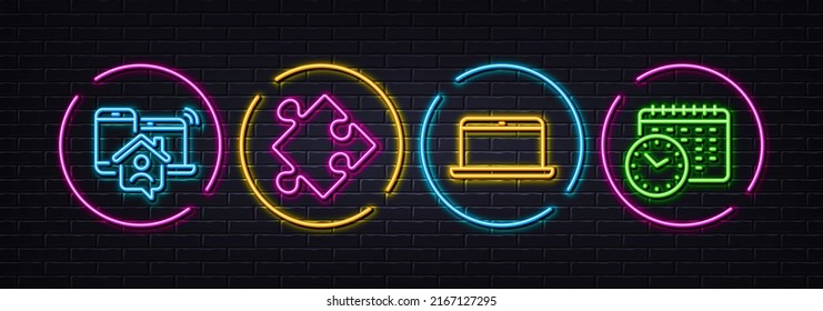 Work home, Laptop and Strategy minimal line icons. Neon laser 3d lights. Calendar time icons. For web, application, printing. Outsource work, Mobile computer, Puzzle. Clock. Vector