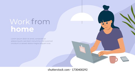 Work from home layout. Young woman sitting behind table, working online using laptop. E-learning, studying, education concept. Home office, network design template. Freelance girl vector illustration