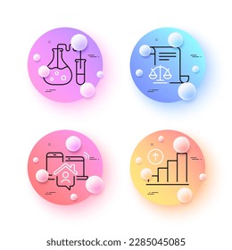 Trabajo en casa, documentos legales y gráficos de gráficos de líneas mínimas. botones de esferas o bolas 3d. Iconos del laboratorio de química. Para web, aplicación, impresión. Trabajo de subcontratación, Escala de justicia, Informe de crecimiento. Vector