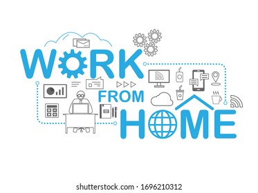 Work From Home Letter Design With Flat Working Icon, Graph, Gear, Letter, Smart Tv,  Coffee, Iced Tea, Cloud Network, Mobile, And Internet Connecting Icon.  Connect The Home Office  And Remote Work.