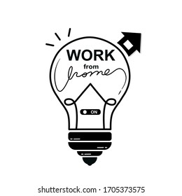 Work from home letter design icon in light bulb with button switch on for idea concept