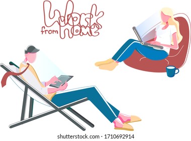 Work from home lettering. Freelancers, Cartoon Characters. Working from home,  concept illustration. Man and womаn freelancers working on laptops and computers at home. Vector flat style
