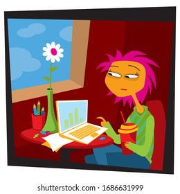 Work from home. life in quarantine. A young girl on self-quarantine. Covid-19. New reality. Normal life in isolation. Vector flat style illustration.