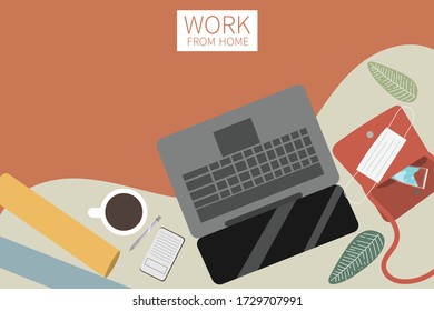 Work from home lifestyle with hand drawn vector. Top view table flat design.