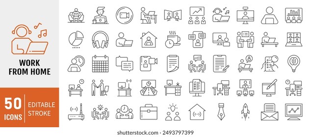 Work from home Line Editable Icons set. Work from home icons Pixel perfect. Contains such Icons as freelancer, hybrid work, digital nomad, Remote work, Video Conference and more.