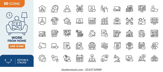 Trabalhar a partir da casa Linha Ícones editáveis conjunto. Trabalhar a partir de casa ícones Pixel perfeito. Contém ícones como freelancer, trabalho remoto, trabalho em grupo, videoconferência e muito mais.