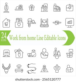 Work from home Line Editable Icons set. Work from home icons Pixel perfect. Contains such Icons as freelancer, hybrid work, digital nomad, Remote work, Video Conference and more