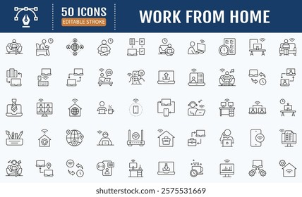 Work from home line editable icons set. Contains as freelancer, Remote work, Coworking, Video Conference, home office icon. Vector Illustration