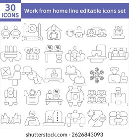 Trabalhar com o conjunto de ícones editáveis da linha inicial. Contém como freelancer, Trabalho remoto, Coworking, videoconferência, ícone do escritório doméstico. Ilustração de vetor
