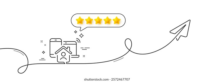 Work at home line icon. Continuous line with share plane. Freelance job sign. Remote office employee symbol. Five star rate review in speech bubble. Work home single line ribbon. Vector