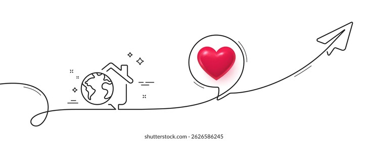 Work at home line icon. Continuous line with share plane. Outsource job sign. Remote office symbol. 3d heart in speech bubble. Work home single line ribbon. Loop curve pattern. Vector