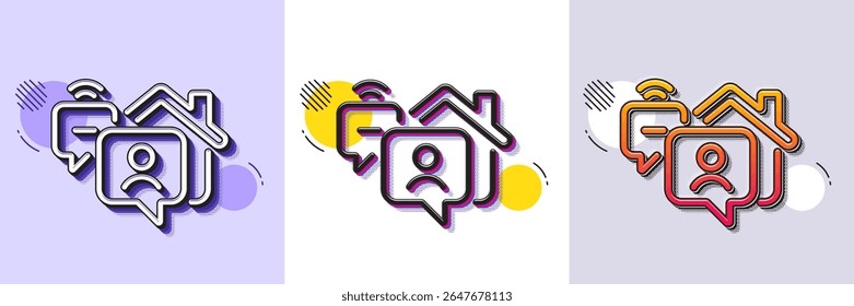 Work at home line icon. Halftone dotted pattern. Gradient icon with grain shadow. Outsource job sign. Remote office employee symbol. Line work home icon. Various designs. Vector