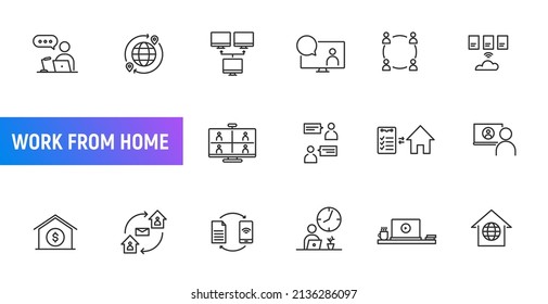 Work from home line icon office remote online meeting. Vector computer telework person desk lifestyle family illustration