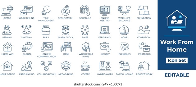 Trabajar desde la línea de casa Icon Set | Más de 30 iconos vectoriales editables. Trabajo remoto, trabajo independiente, oficina en casa, nómada digital, Cartera y más. Perfecto para el Web, el App y la impresión
