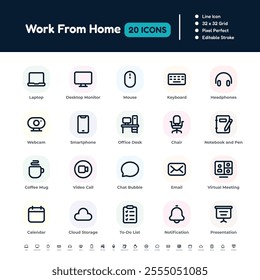 Work From Home Line Icon Set – Pixel Perfect Editable Stroke Vector Design