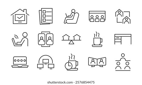 Work from home line icon set.  Contains such Icons as a freelancer, Remote work, Coworking, Video Conference, hybrid work, digital nomad, and Remote work line icon set. UI thin line icon pack.