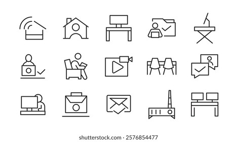 Work from home line icon set.  Contains such Icons as a freelancer, Remote work, Coworking, Video Conference, hybrid work, digital nomad, and Remote work line icon set. UI thin line icon pack.