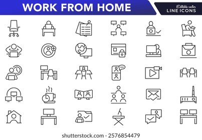 Work from home line icon set.  Contains such Icons as a freelancer, Remote work, Coworking, Video Conference, hybrid work, digital nomad, and Remote work line icon set. UI thin line icon pack.